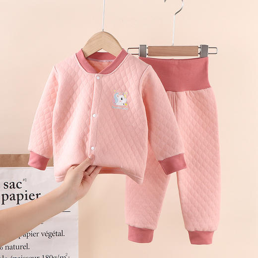 【三层加厚 锁温保暖】冬季棉质宝宝保暖加厚婴儿服装彩棉儿童长袖高腰护肚夹棉内衣套装 商品图2