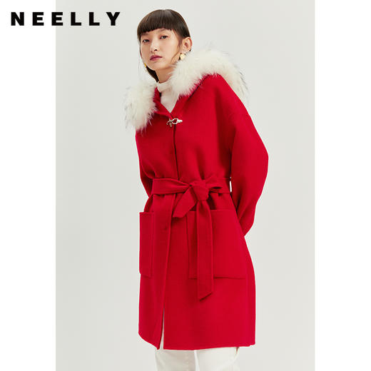 NEELLY纳俪冬季貉子大毛领连帽双面呢大衣女收腰系带外套保暖百搭N21121N01237 商品图2