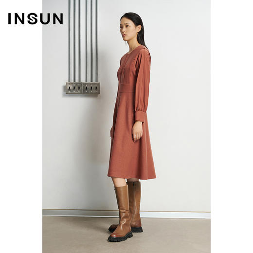INSUN恩裳冬季新款修身时尚绵羊毛流行珊瑚红连衣裙女9c31505050 商品图1