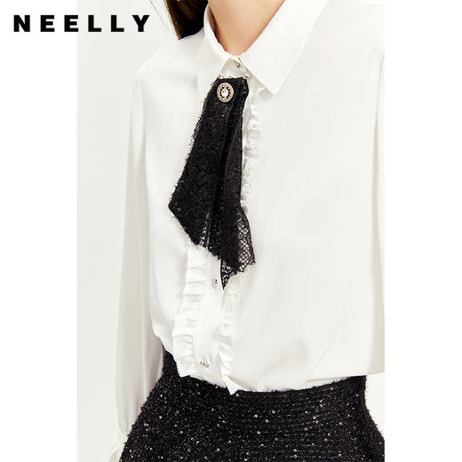 NEELLY纳俪衬衫女设计感小众木耳边单排扣飘带法式白衬衫上衣秋冬N21121B01235 商品图1