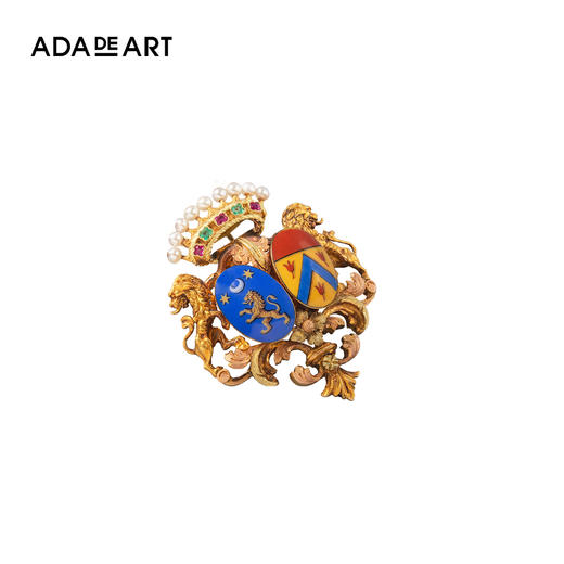 馆藏lidz00049法国伯爵贵族联姻纹章k金珐琅珍珠宝石吊坠项链