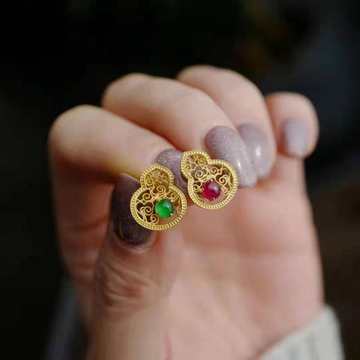 龢盒原创 万事皆福禄 翡翠红宝石葫芦耳钉 商品图1