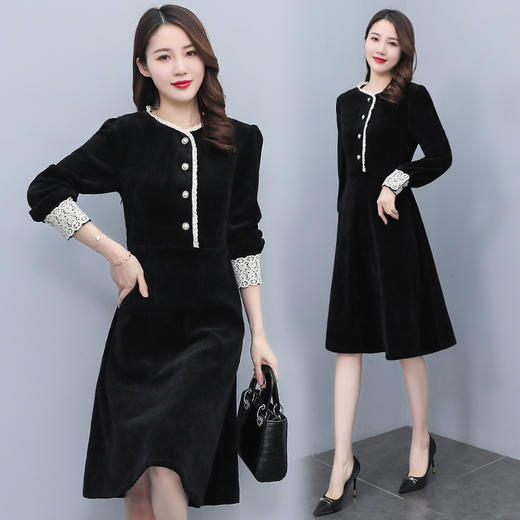 气质显瘦，圆领长袖中长裙花边拼接灯芯绒连衣裙HR-XX2853 商品图3