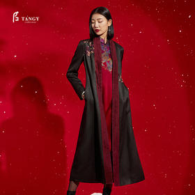 TANGY Collection/天意精品秋冬新品线迹刺绣撞色拼接国风刺绣莨绸长外套