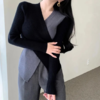 【真正实现穿衣显瘦】韩版chic 秋冬复古性感 交叉V领 不规则设计 修身百搭撞色针织衫女 商品缩略图3