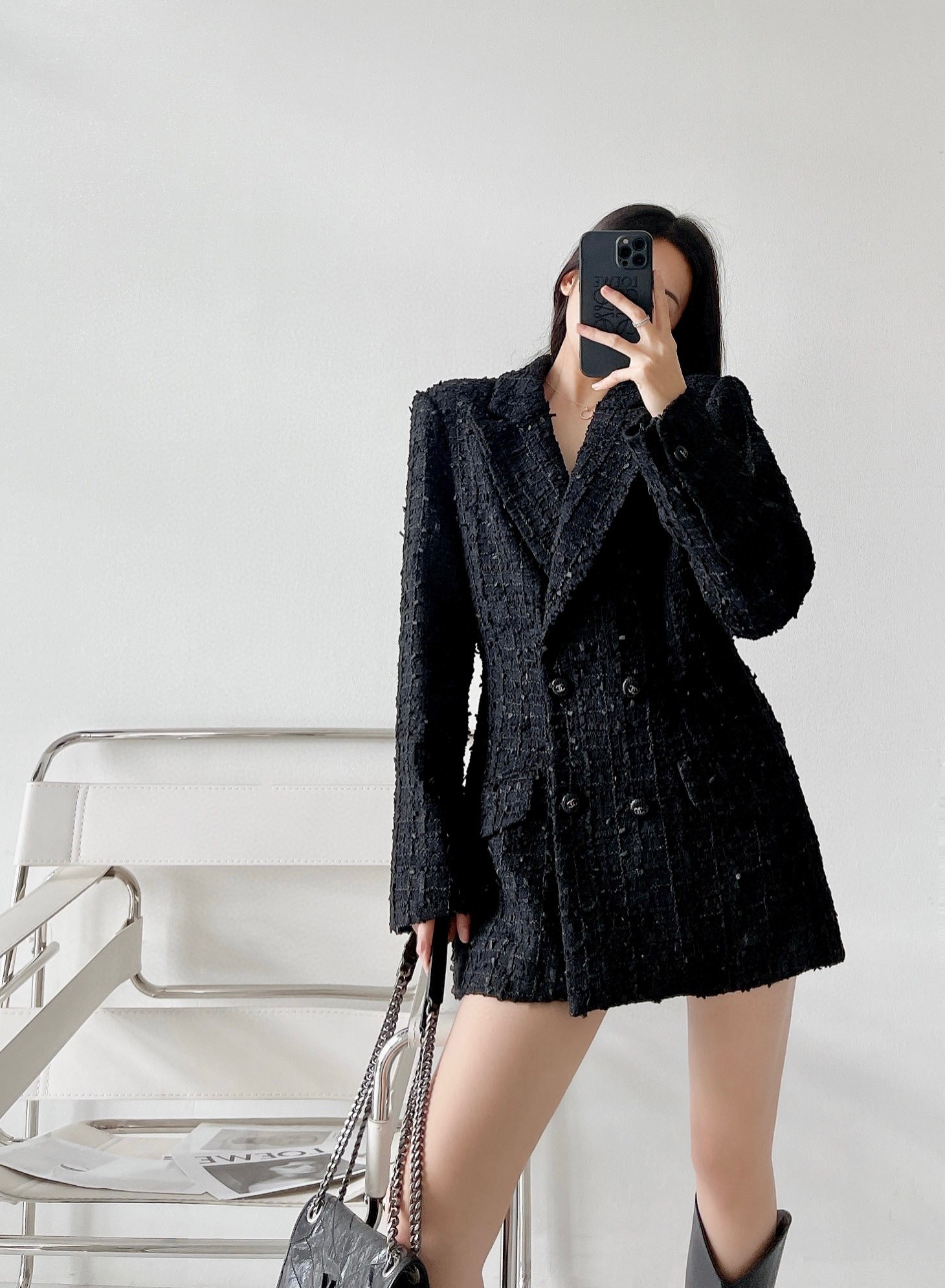 chanel 香奈儿 高级黑中长款西装毛呢外套 王一博同款