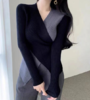 【真正实现穿衣显瘦】韩版chic 秋冬复古性感 交叉V领 不规则设计 修身百搭撞色针织衫女 商品缩略图4