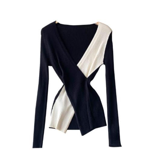 【真正实现穿衣显瘦】韩版chic 秋冬复古性感 交叉V领 不规则设计 修身百搭撞色针织衫女 商品图6