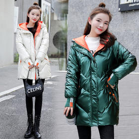 TZF-ZXQN211224新款韩版时尚气质宽松连帽长袖中长款撞色亮皮免洗棉服外套