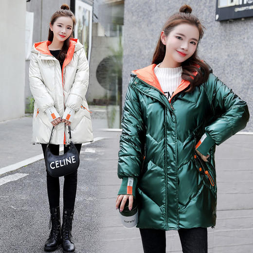 TZF-ZXQN211224新款韩版时尚气质宽松连帽长袖中长款撞色亮皮免洗棉服外套 商品图0