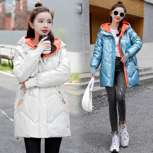 TZF-ZXQN211224新款韩版时尚气质宽松连帽长袖中长款撞色亮皮免洗棉服外套 商品图1