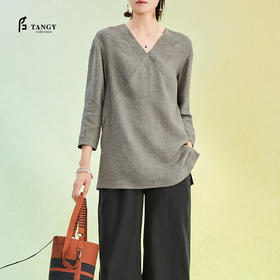 TANGY Collection/天意精品2022年春夏新品简约线迹V领七分袖上衣