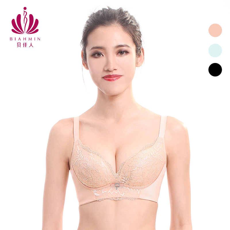 贝佳人新品薄模杯无钢圈胸罩深V性感小胸聚拢内衣清新花朵蕾丝女BW91812