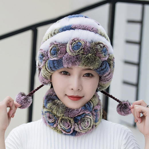 獭兔毛帽冬季时尚，妈妈帽护耳帽围脖套装 GY-KOU 商品图2