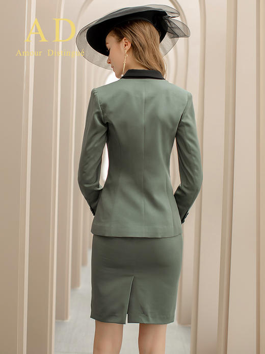 AD春秋高端职业套装女商务正装暗绿色修身一粒扣缎面领西装套裙 商品图4