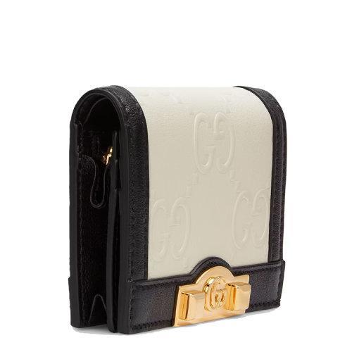 【包税】GUCCI/古驰 2021秋冬新款 女士白色GG皮革黑色皮革滚边饰钉细节金色调配件卡包零钱包676150UF4AX9099 商品图4