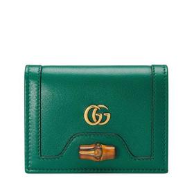 【包税】GUCCI/古驰 2021秋冬新款Diana系列 女士翠绿色皮革做旧金色饰面双G竹扣钱包卡包65824417Q0T3120
