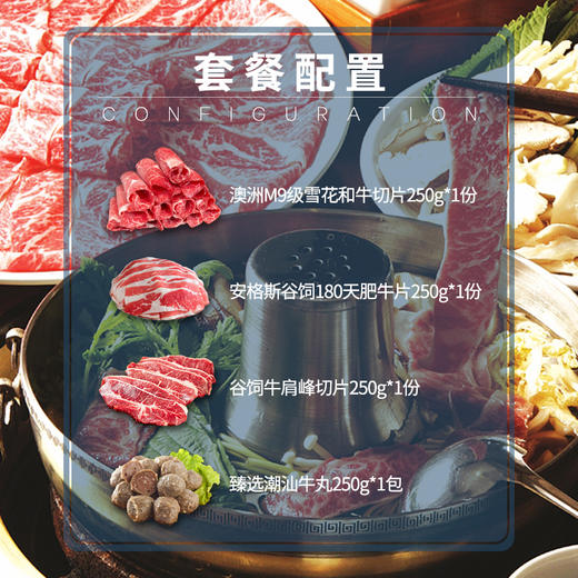 【火锅全家桶（M9雪花和牛片）特惠套餐】精选高端涮锅套餐 1000克 4种涮锅必备的高端食材组合（M9级雪花和牛切片、安格斯谷饲肥牛片、谷饲牛肩峰切片、潮汕牛肉丸或牛筋丸） 商品图1