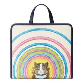 【包税】GUCCI/古驰 2021秋冬新款 儿童款白色GGSupreme帆布深蓝色饰边猫咪彩虹印花手提托特包605614USKBN9194