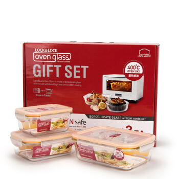 乐扣乐扣(lock&lock)微波炉饭盒 玻璃套装保鲜盒 套装三件套（380ml+630ml+1000ml）LLG445S909 商品图1