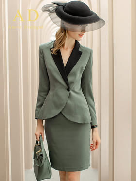 AD春秋高端职业套装女商务正装暗绿色修身一粒扣缎面领西装套裙
