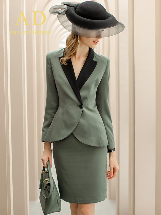 AD春秋高端职业套装女商务正装暗绿色修身一粒扣缎面领西装套裙 商品图0