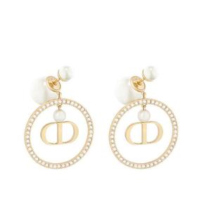DIOR/迪奥 21秋冬新款DIOR TRIBALES系列 金色饰面金属环白色树脂珠饰仿水晶点缀耳环E1728TRICY_D301