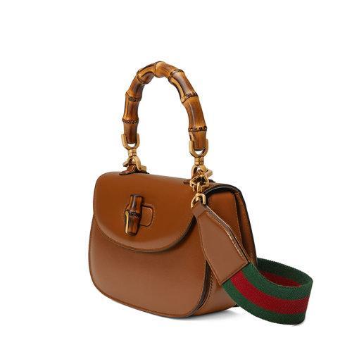 【包税】GUCCI/古驰 2021秋冬新款 女士小号棕色皮革竹节配件附皮革和织带互换肩带竹子提手饰面斜跨单肩手提包67579710ODT2579 商品图4