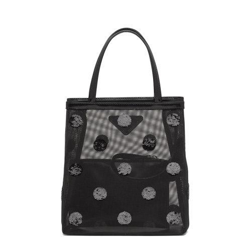 【包税】PRADA/普拉达 21年秋冬新款 女士小号黑色织物材质皮革提手波尔卡圆点图案网眼手提托特包1BG417_2DZ9_F0002_V_OOO 商品图1