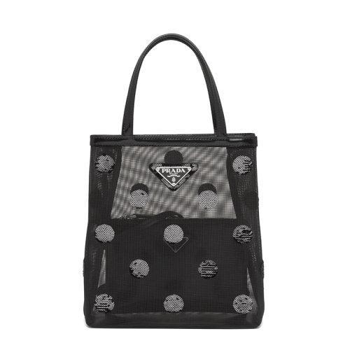 【包税】PRADA/普拉达 21年秋冬新款 女士小号黑色织物材质皮革提手波尔卡圆点图案网眼手提托特包1BG417_2DZ9_F0002_V_OOO 商品图0