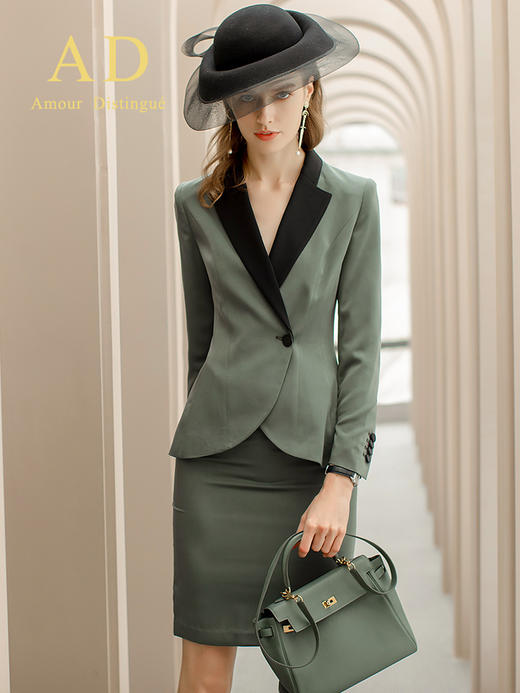 AD春秋高端职业套装女商务正装暗绿色修身一粒扣缎面领西装套裙 商品图1