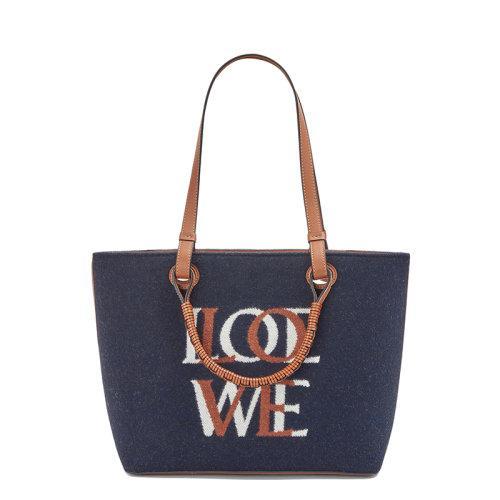 【包税】LOEWE/罗意威 21秋冬新款Love系列 女士小号海军蓝色羊毛配棕褐色皮革单肩手提托特包0010643914 商品图0