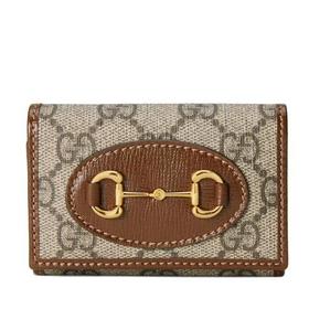 【包税】GUCCI/古驰 2021秋冬新款Horsebit 1955系列 女士米色/乌木色GG Supreme帆布棕色皮革滚边金色调配件折叠钥匙包67178592TCG8563