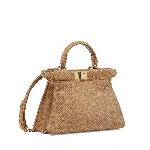 【包税】FENDI/芬迪 2021秋冬新款PEEKABOO ISEEU系列 女士小号浅褐色美利奴羊皮标志性旋转门扣金色饰面金属配饰配可拆卸肩带单肩斜跨手提包8BN327AHJ6F0J2D 商品图1