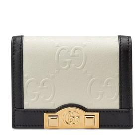 【包税】GUCCI/古驰 2021秋冬新款 女士白色GG皮革黑色皮革滚边饰钉细节金色调配件卡包零钱包676150UF4AX9099