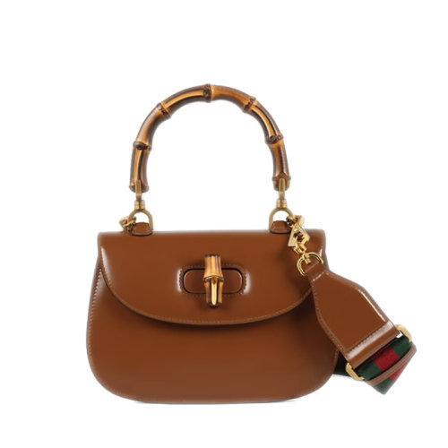 【包税】GUCCI/古驰 2021秋冬新款 女士小号棕色皮革竹节配件附皮革和织带互换肩带竹子提手饰面斜跨单肩手提包67579710ODT2579 商品图0
