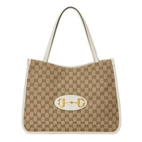 【包税】GUCCI/古驰 经典款 Horsebit 1955系列 女士米色/乌木色经典GG帆布白色皮革滚边斜跨手提包623694GY5OG9761