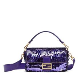 【包税】FENDI/芬迪 2021秋冬新款BAGUETTE系列 女士中号紫色亮片修饰皮革细节翻盖开合FF搭扣配可拆卸肩带单肩斜跨手提包8BR600A9X2F18X7
