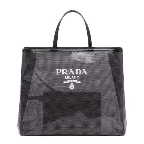 【包税】PRADA/普拉达 21年秋冬新款 女士黑色织物材质皮革提手附可拆卸皮革拉链式小袋亮片装饰网眼手提托特包1BG416_2D0A_F0002_V_OOO 商品图0