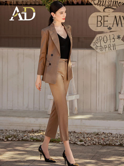 AD咖色职业装女西装套装枪驳领双排扣西服外套OL干练正装职场女装 商品图2