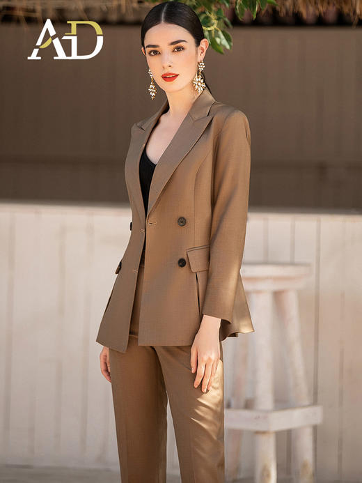 AD咖色职业装女西装套装枪驳领双排扣西服外套OL干练正装职场女装 商品图3