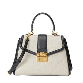 【包税】GUCCI/古驰 2021秋冬新款 女士小号白色皮革老花压纹印花黑色皮革滚边双G铆钉锁扣手提斜跨肩背包675791UD9AX9099