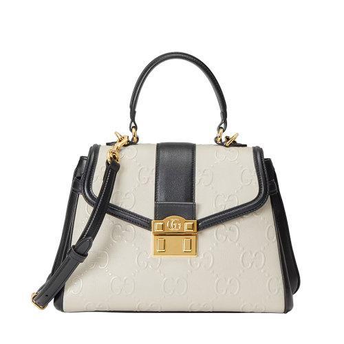 【包税】GUCCI/古驰 2021秋冬新款 女士小号白色皮革老花压纹印花黑色皮革滚边双G铆钉锁扣手提斜跨肩背包675791UD9AX9099 商品图0