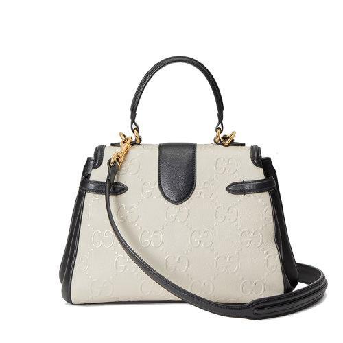 【包税】GUCCI/古驰 2021秋冬新款 女士小号白色皮革老花压纹印花黑色皮革滚边双G铆钉锁扣手提斜跨肩背包675791UD9AX9099 商品图4