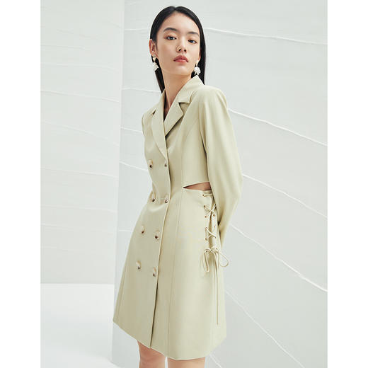 EITIE爱特爱春季新款通勤双排扣心机镂空系带长袖西装连衣裙A2207927 商品图1