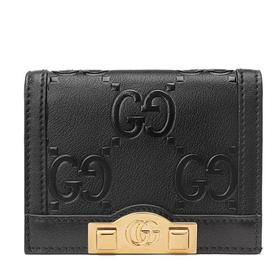 【包税】GUCCI/古驰 2021秋冬新款 女士黑色GG皮革饰钉细节金色调配件卡包零钱包676150UF4AG1000
