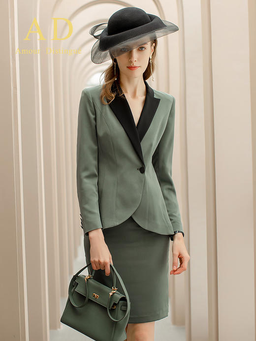 AD春秋高端职业套装女商务正装暗绿色修身一粒扣缎面领西装套裙 商品图2