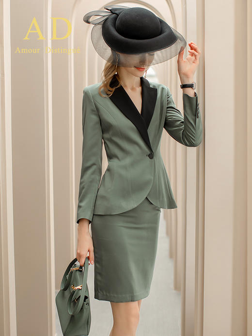 AD春秋高端职业套装女商务正装暗绿色修身一粒扣缎面领西装套裙 商品图3