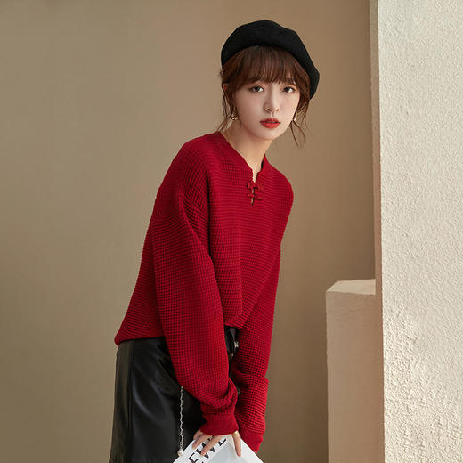 RWQ9135 红色打底针织衫2021年新款毛衣女秋冬设计感小众圣诞新年冬季上衣 商品图3
