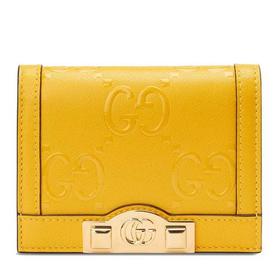 【包税】GUCCI/古驰 2021秋冬新款 女士黄色GG皮革饰钉细节金色调配件卡包零钱包676150UF4AG7223